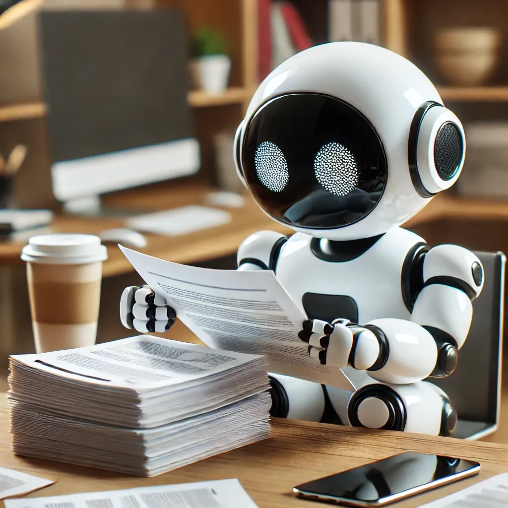 A little robot reading a pile of papers with a mobile phone on the table. it looks like it's in a study or home office